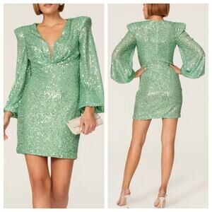 IEENA for Mac Duggal Mini Dress 26865 Green Sequin Structured Long Sleeve
